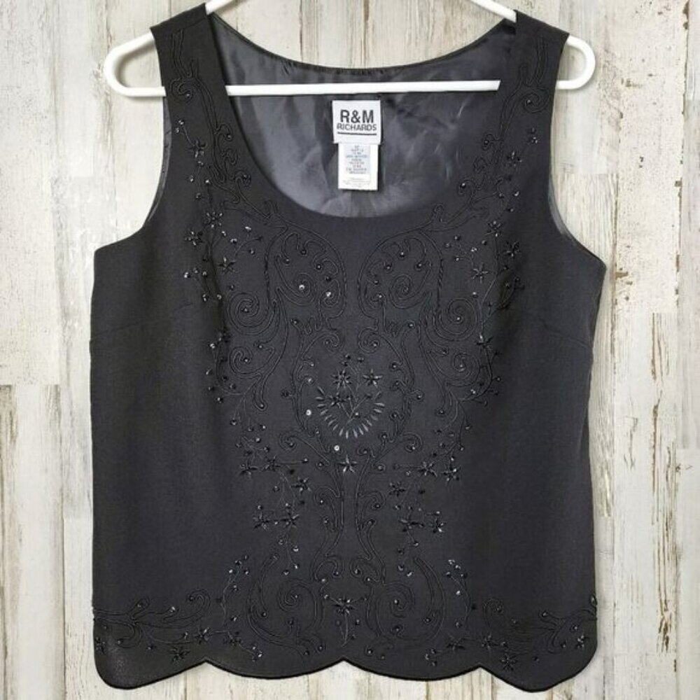 R & M Richards Beaded Sequin Tank Top Black Size 12